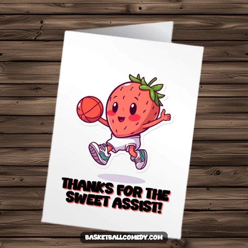 Funny Free Printable Thank You Card featuring a sports-loving strawberry mid-slam dunk, expressing gratitude.