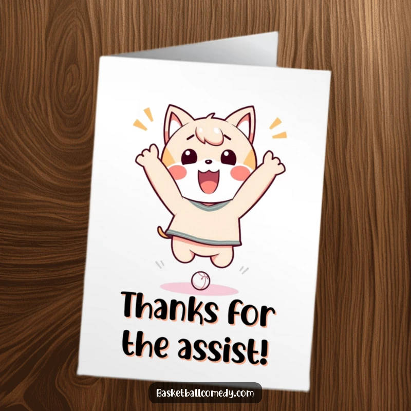 Funny Free Printable Thank You Card: Kawaii character celebrating a dunk, showing thanks humorously.