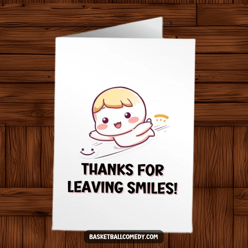 Funny Free Printable Thank You Card: Cute character slides leaving a smiley face trail, conveying heartfelt thanks.