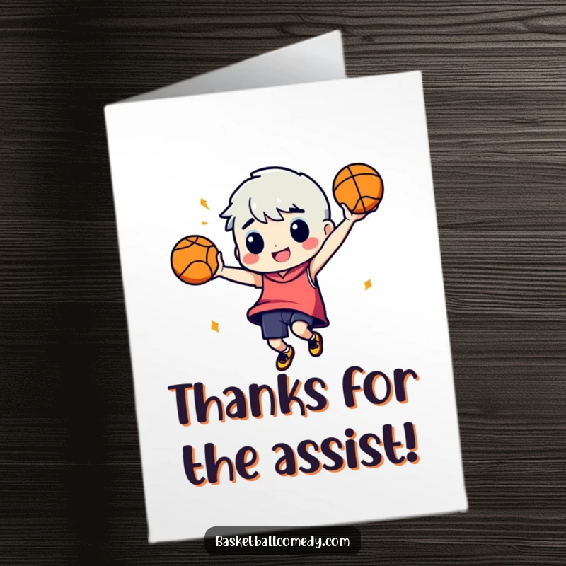 Funny Free Printable Thank You Card: A character dances with a basketball, expressing thanks. Playful downloadable gift.