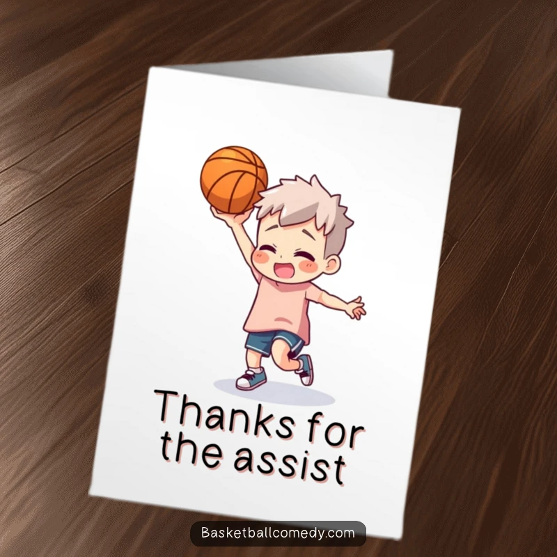 Funny Free Printable Thank You Card of a character doing a silly dance with a basketball, expressing thanks with humor.