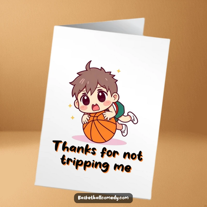 Funny Free Printable Thank You Card: A character trips over a basketball with a surprised expression, sending a humorous thank you.