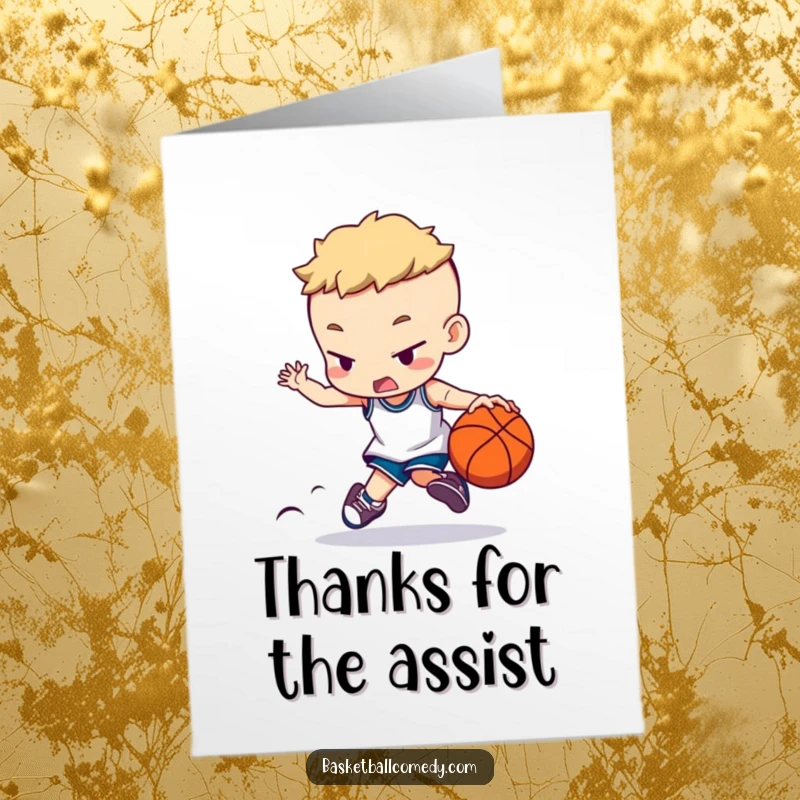 Funny Free Printable Thank You Card: a character dribbling a basketball with intense concentration, saying thanks.