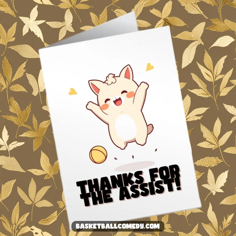 Free Printable Thank You Card: Kawaii character in a joyful celebratory jump after successfully dunking a tiny ball, thanking someone.