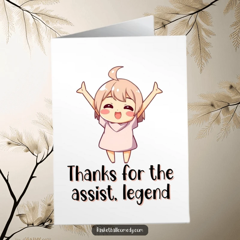 Funny Free Printable Thank You Card: A character celebrates a successful basketball swish, expressing gratitude with joy.