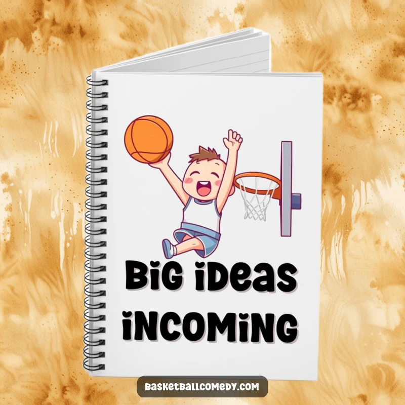 Funny notebook featuring a cute character joyfully soaring through the air for a slam dunk, inspiring goal-setting.