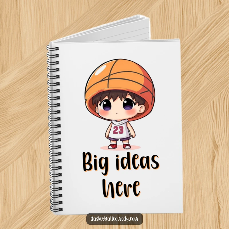 Funny notebook with a character wearing a basketball as a hat, perfect for jotting down notes and creative thoughts.