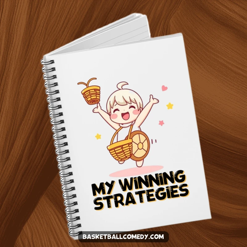 Funny notebook with a cute character celebrating a basketball basket with a cartwheel, perfect for jotting down ideas with playful energy.