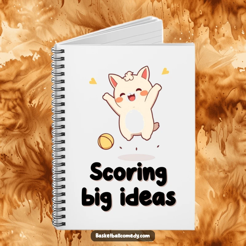 Funny Kawaii character notebook, doing a joyful celebratory jump after dunking a tiny ball, encouraging action and creative note-taking.