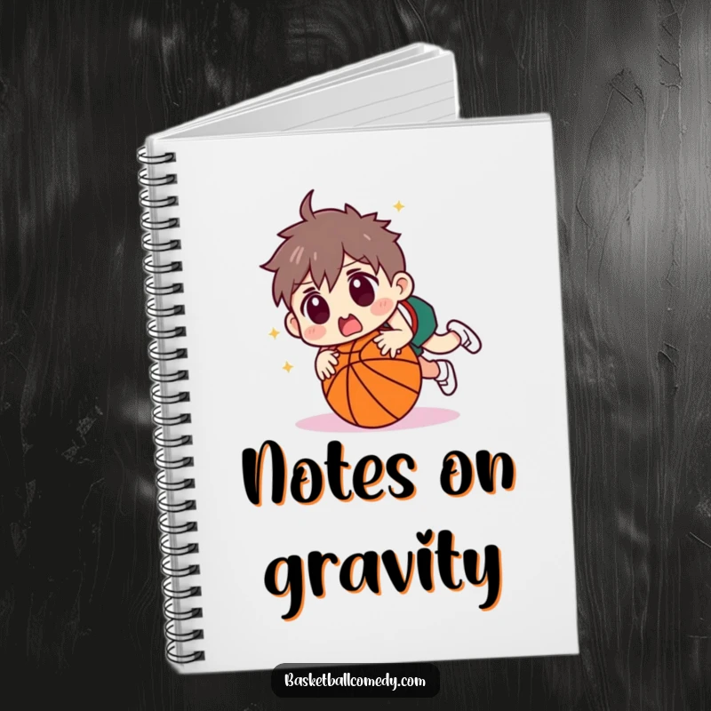 Funny character tripping over a basketball with a surprised face on a notebook cover. Ideal for journaling, notes, and doodles.