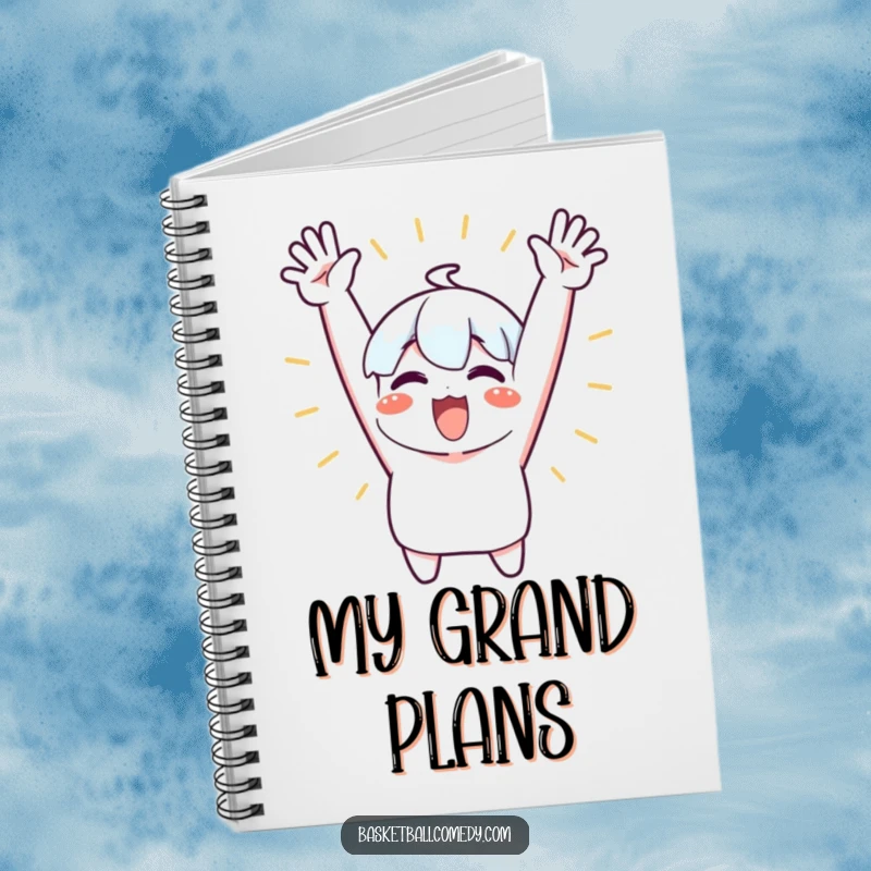 Funny notebook featuring a cute character excitedly cheering with both arms raised high, perfect for jotting down celebrations.