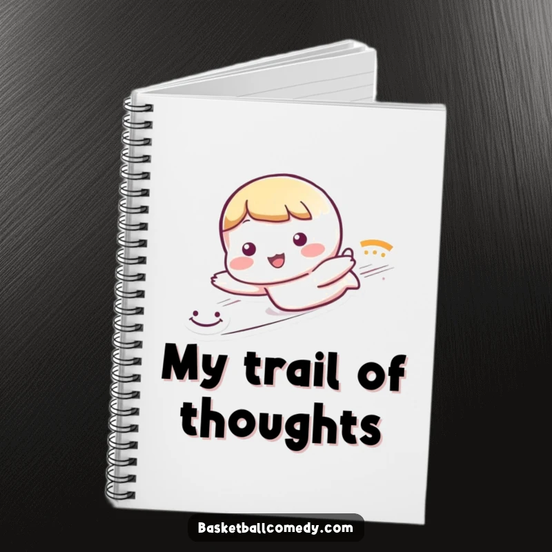 Funny notebook featuring a cute character sliding with a dramatic trail of smiley faces, perfect for jotting down happy thoughts.