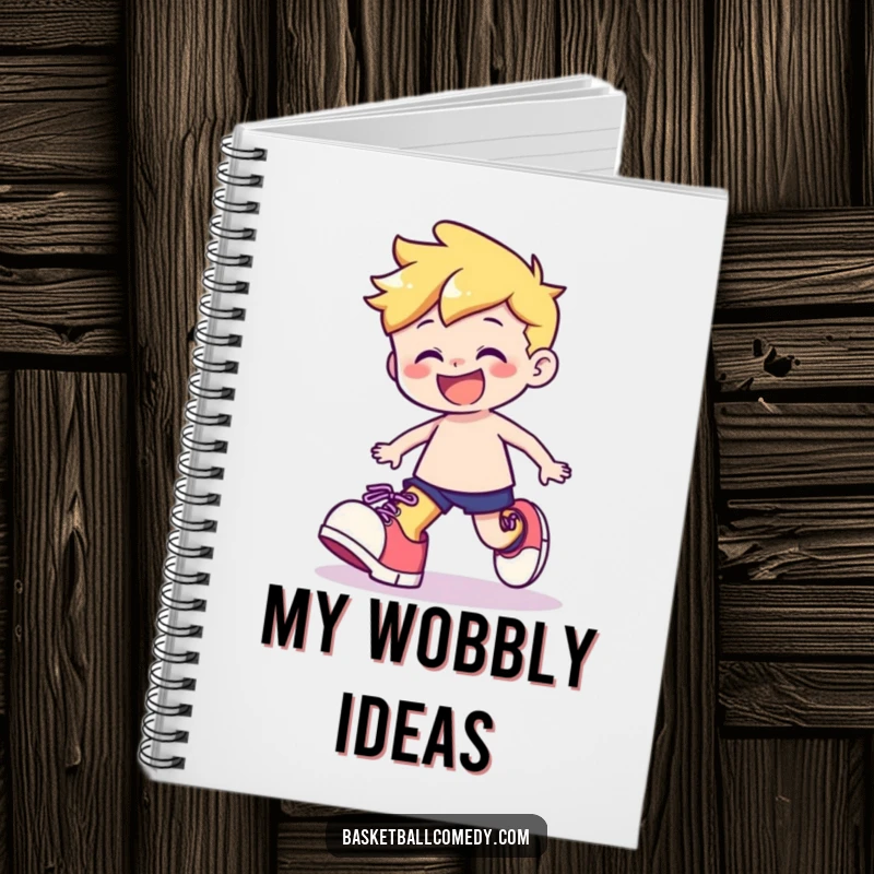 Funny notebook featuring a cute character playfully stumbling with oversized shoes, wearing a happy grin, perfect for note-taking.