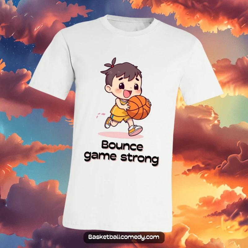 Funny t-shirt featuring a cute character dribbling a basketball with exaggerated bounce and pure, happy joy, perfect for sports lovers.