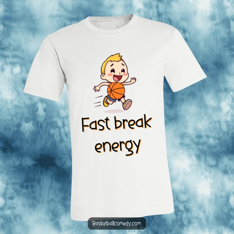 Funny happy character dribbling a basketball with prominent speed lines trailing behind, printed on a t-shirt for a dynamic look.