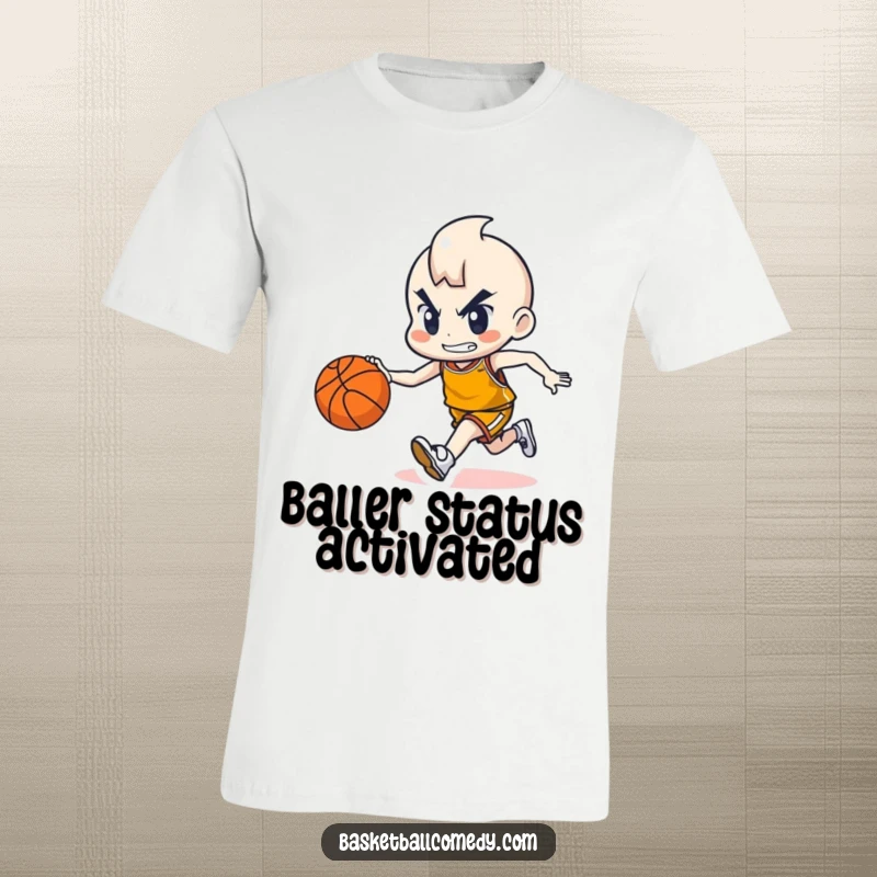 Funny t-shirt with a cute character showing determination while dribbling a basketball, embodying focus and athletic prowess.