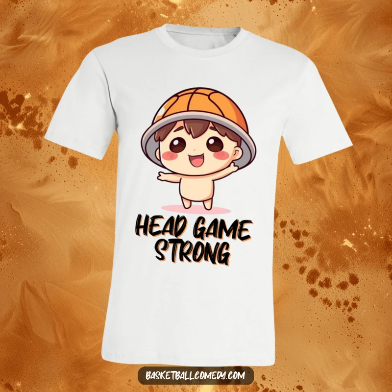 Funny Basketball Hat T-Shirt: Adorable character with a silly grin wearing a basketball on its head, embodying playful sports enthusiasm.