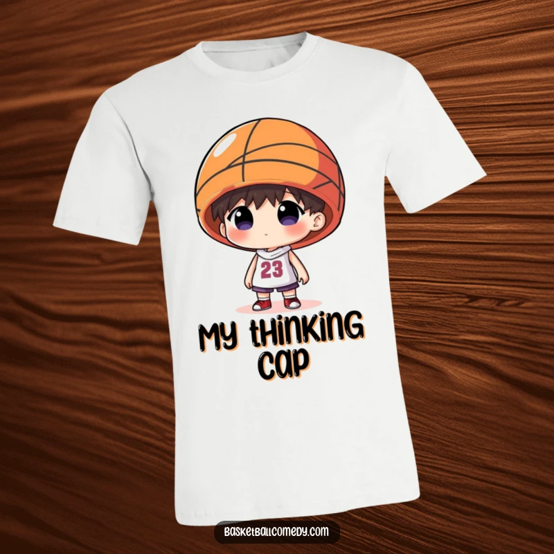 Funny t-shirt depicting a character humorously wearing a giant basketball as headwear, celebrating quirky basketball style.