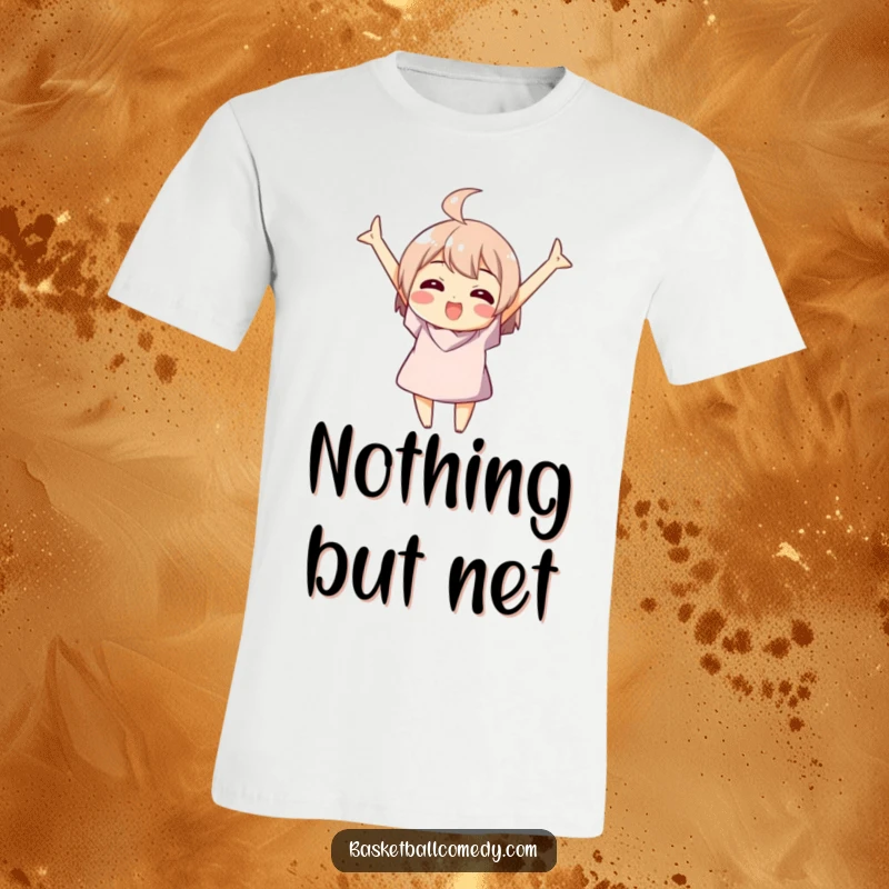 Funny t-shirt featuring a jubilant character celebrating a basketball swish with raised arms, bursting with winning energy.