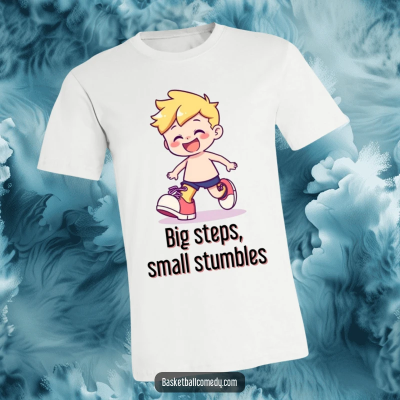Funny t-shirt depicting a cute character playfully stumbling with comically oversized shoes, sporting a cheerful grin.