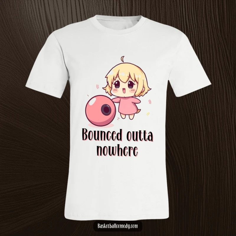 Funny t-shirt featuring a cute character comically surprised by a fast-moving, bouncing basketball, expressing playful shock.