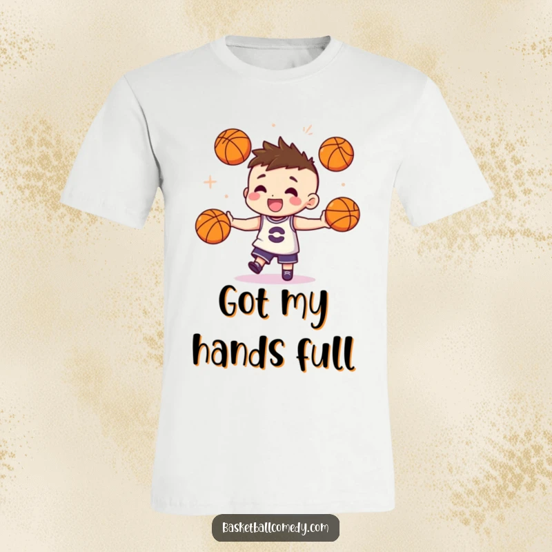 Funny t-shirt with a cute character masterfully juggling three miniature basketballs with style, confidence, and a touch of playful showmanship.