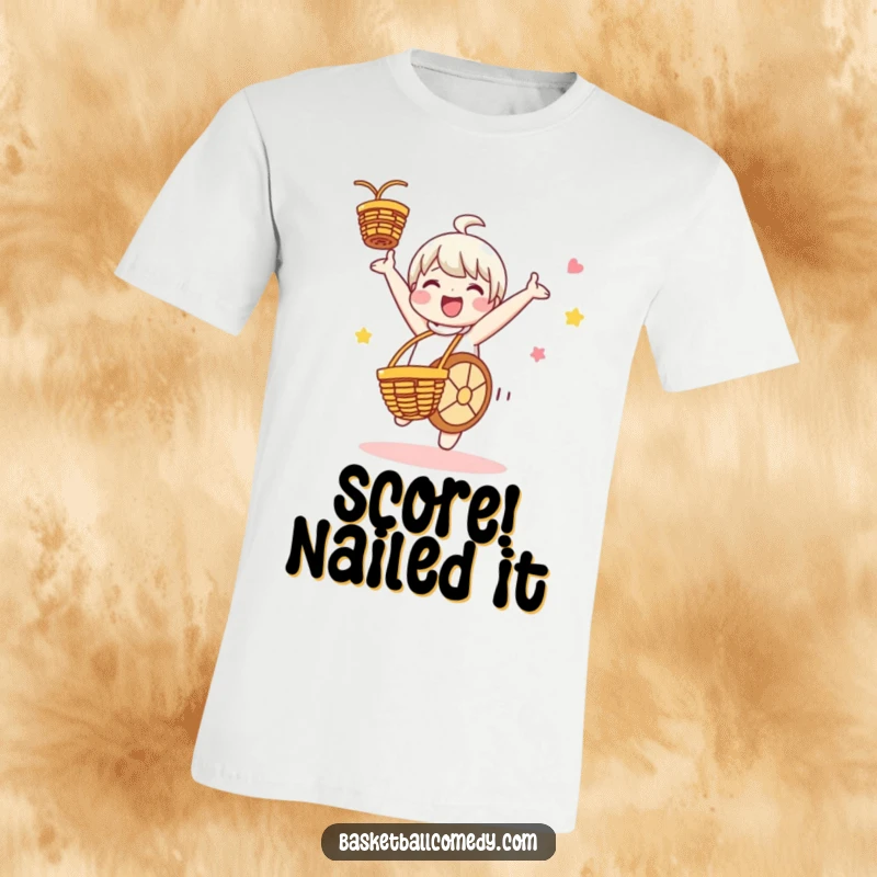 Funny t-shirt with a cute character performing a cartwheel, celebrating a successful basketball shot with enthusiastic exuberance and a big smile.