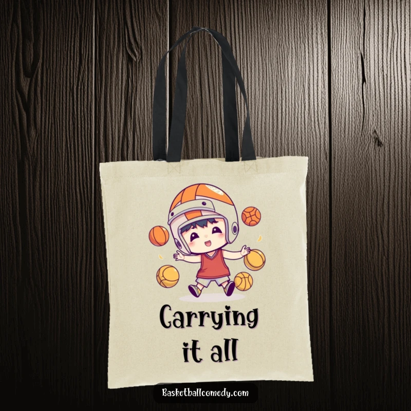 Funny tote bag showcasing a character in a basketball helmet hilariously juggling several basketballs, ideal for sports enthusiasts.