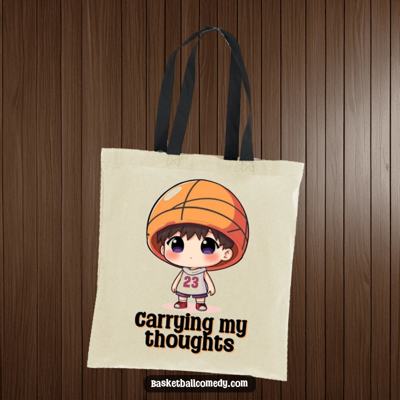 Funny tote bag showing a character wearing an oversized basketball as a hat, a stylish and humorous accessory.