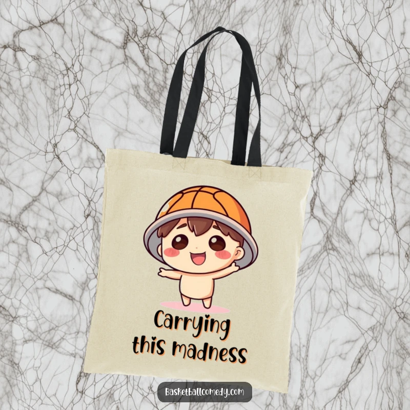 Funny Basketball Hat Tote Bag: Cute character with a basketball hat, perfect for carrying essentials with sporty, humorous flair.