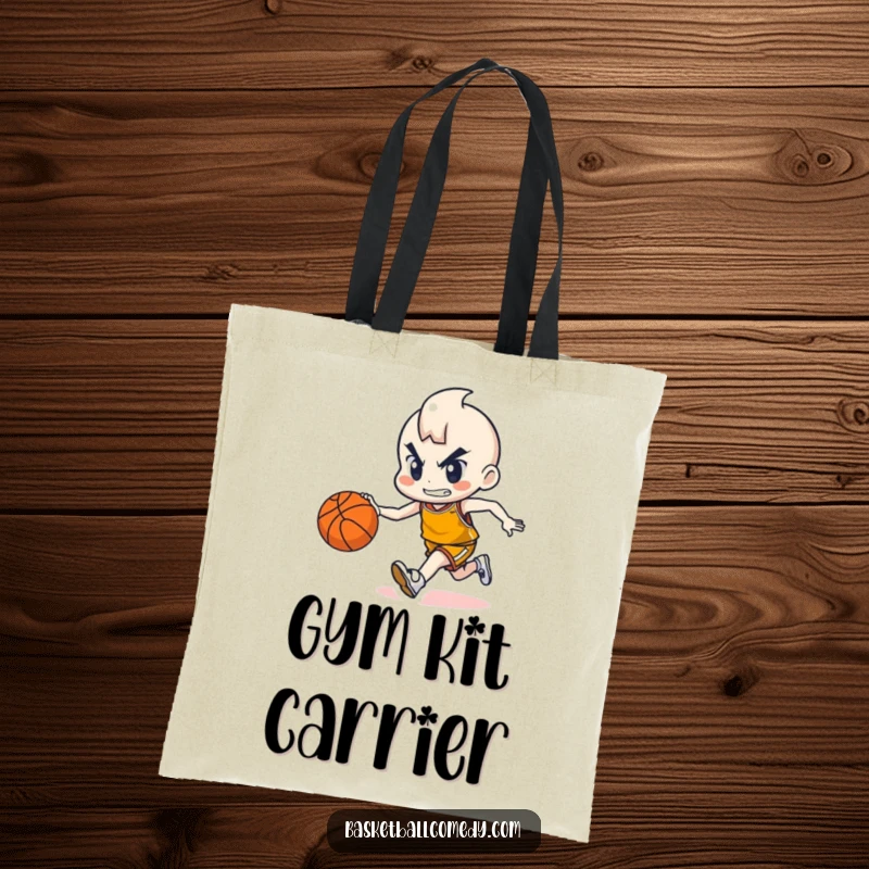 Funny tote bag with a cute character determinedly dribbling a basketball, a sporty and humorous accessory for carrying essentials.