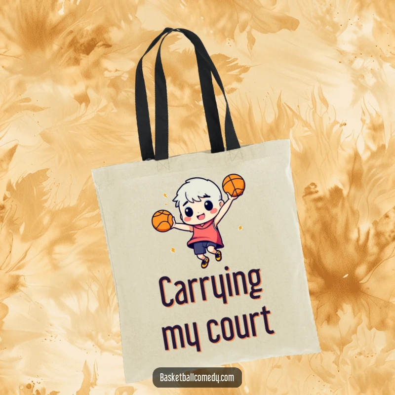 Funny tote bag: A character is captured mid-silly dance with a basketball, perfect for carrying essentials with humor.