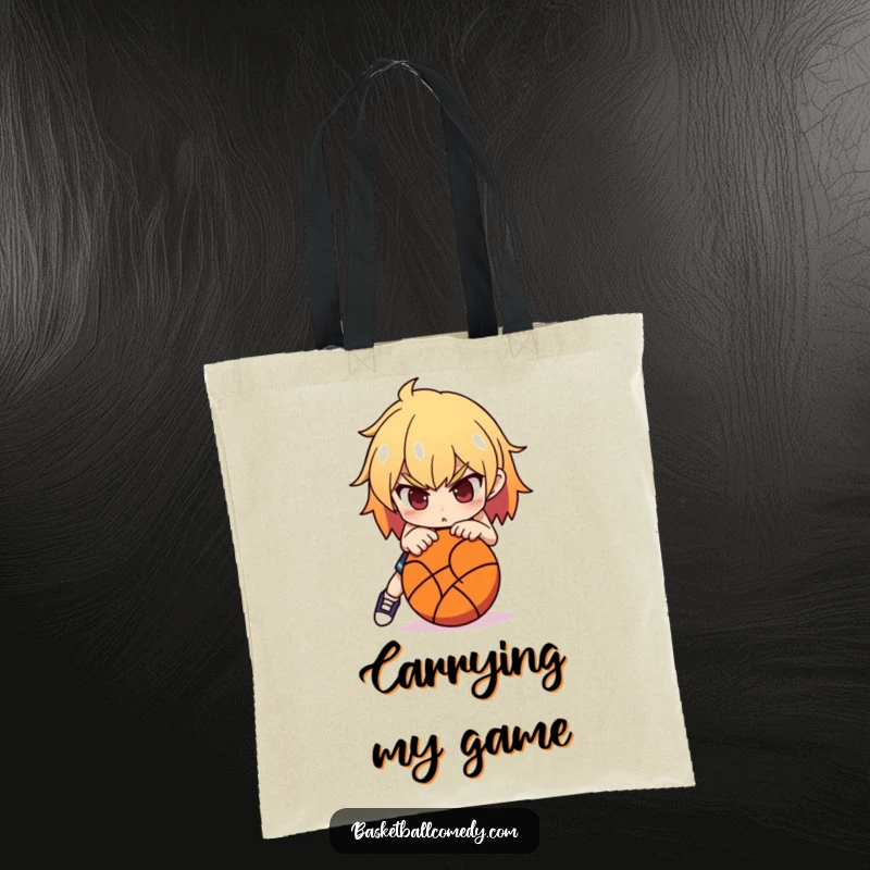 Funny Basketball Tote Bag: A determined character is ready to shoot a basketball, designed for carrying sports gear with a competitive edge.