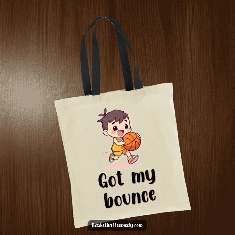 Funny tote bag featuring a cute character enthusiastically dribbling a basketball with a joyful, exaggerated bounce, great for happy shoppers.