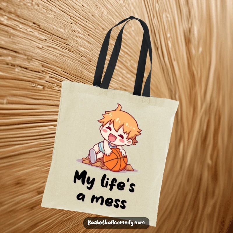 Funny tote bag featuring a Kawaii character comically tripping over a basketball, landing in a heap with a wide, funny grin.
