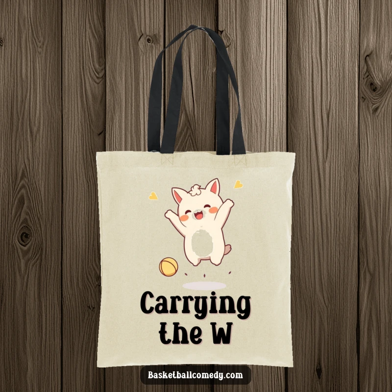 Funny Kawaii character tote bag, mid-joyful jump after dunking a tiny ball, symbolizing achievement and sporty enthusiasm.