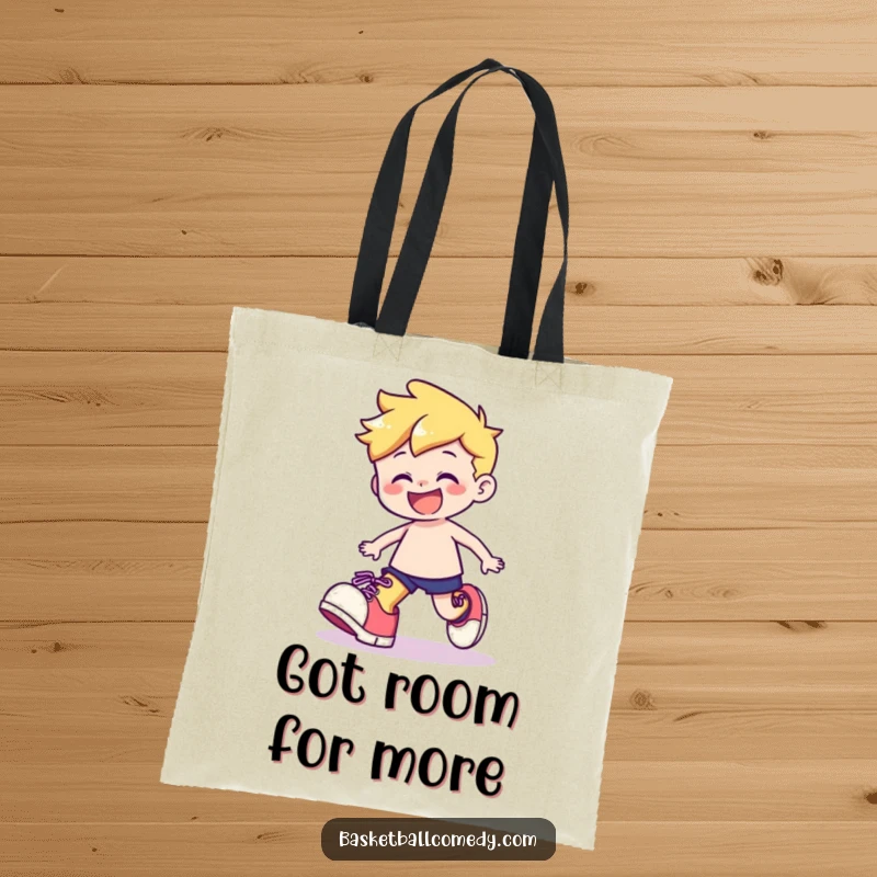 Funny tote bag showing a cute character playfully stumbling with oversized shoes, sporting a cheerful grin, great for daily use.