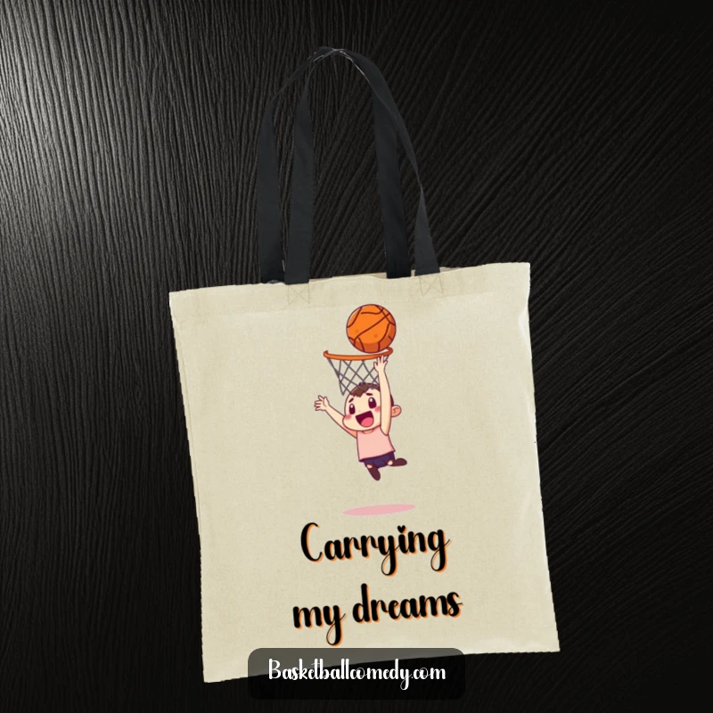 Funny tote bag featuring a character who’s hilariously trying to dunk a basketball from a far-off spot, a humorous everyday item.